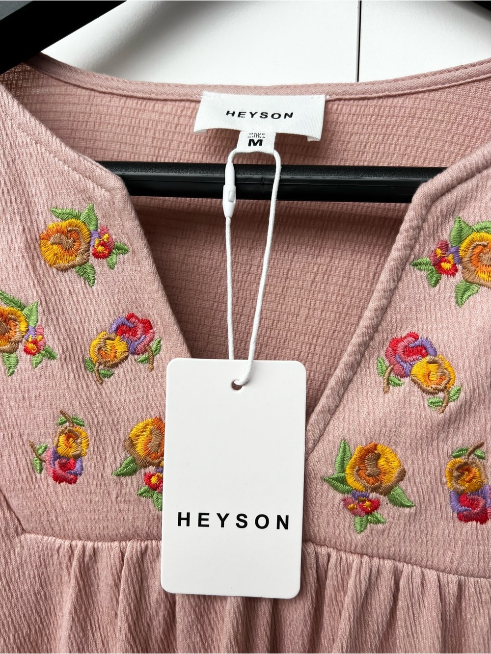 HEYSON | Pink Floral Embroidered V-Neck Short Sleeve Cottagecore Cotton Blouse - Picture 7 of 7